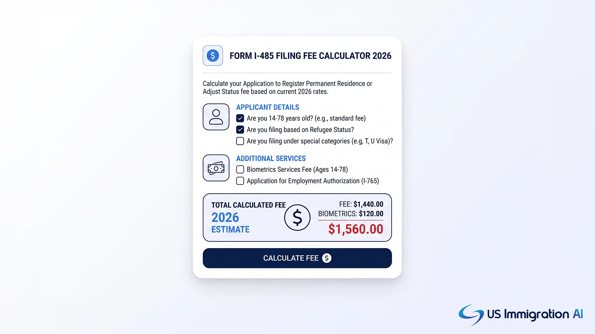 Form I-485 filing fee schedule for 2026
