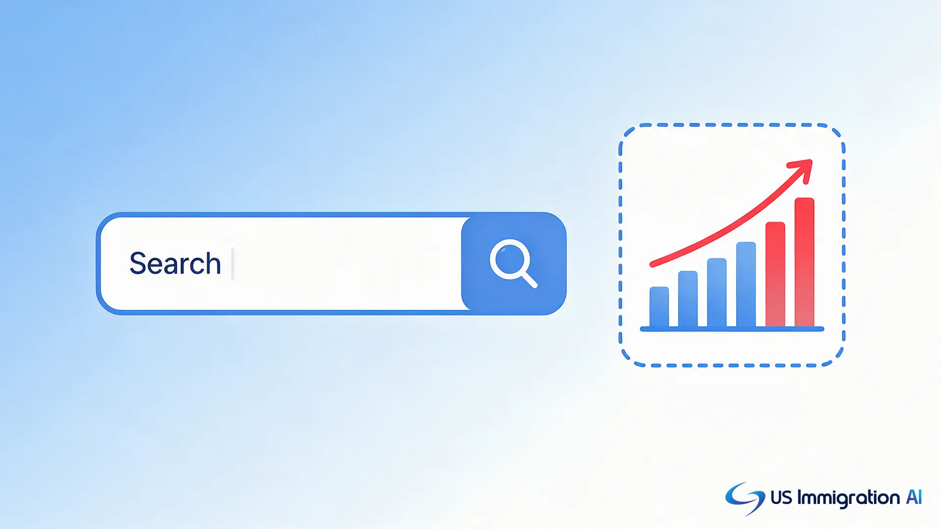A magnifying glass over a search bar next to a small bar chart representing keyword search volume