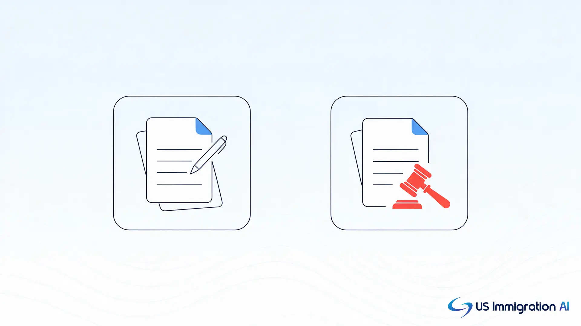 Two labeled document icons showing the legal difference between filling out a form and practicing law