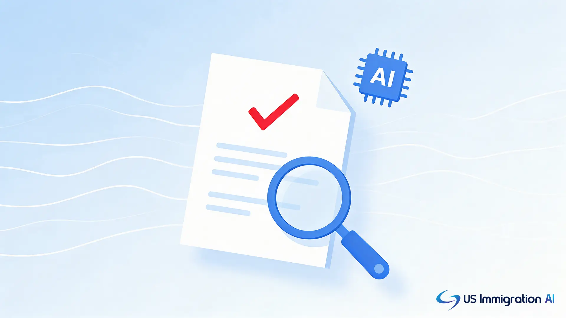 A magnifying glass over a document beside a small AI chip icon, representing attorney review of AI output