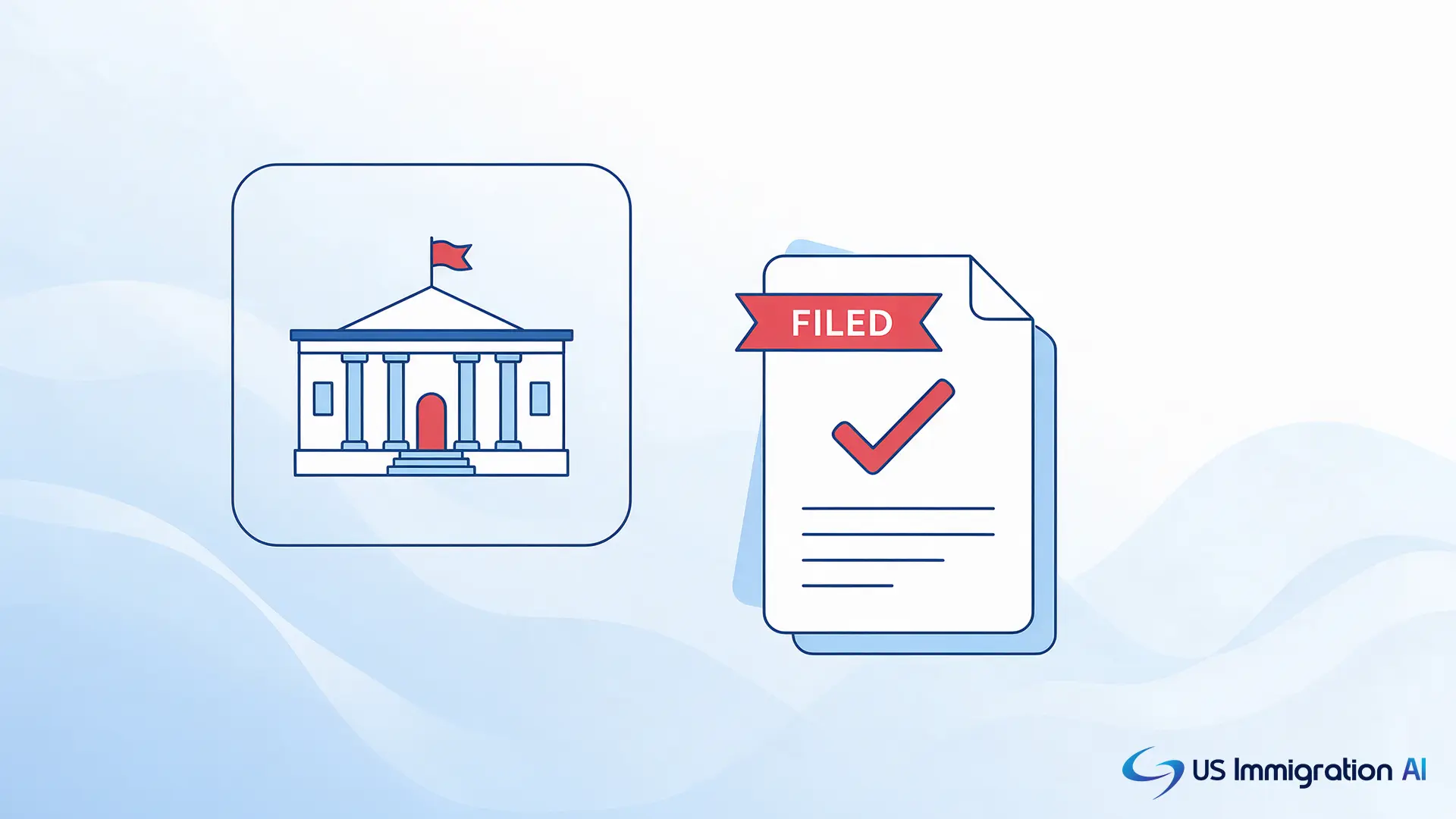 A courthouse icon beside a document with a checkmark, representing immigration court filing review