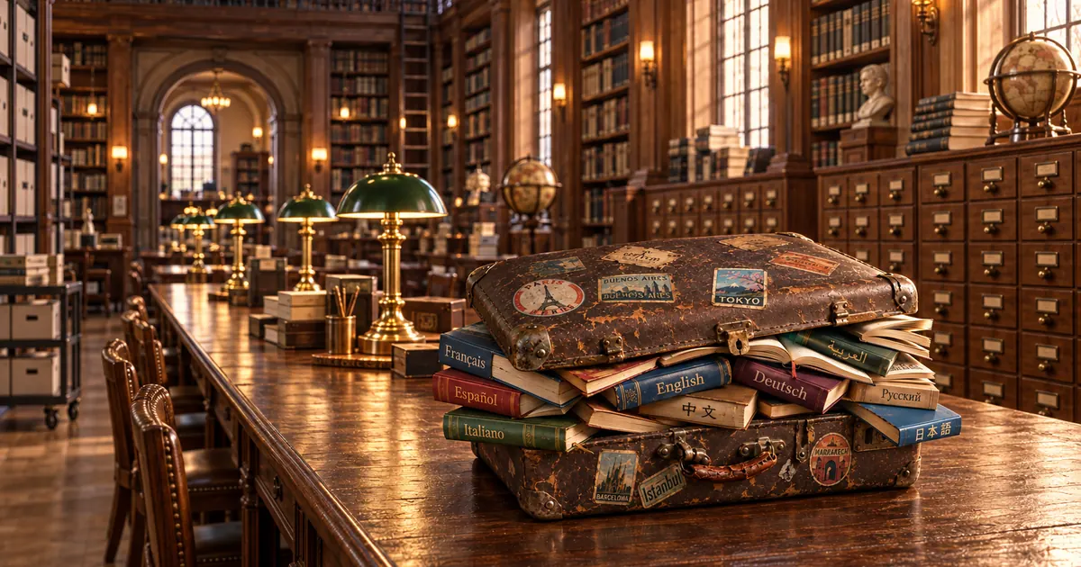 The Lingorama suitcase of books on a long table in a grand library lined with shelves and reading lamps.