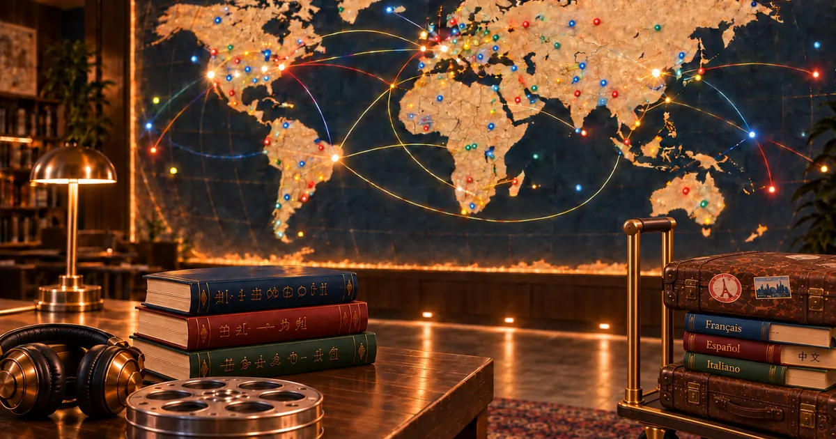 The Lingorama suitcase of books in front of a world map marked with routes between cities.