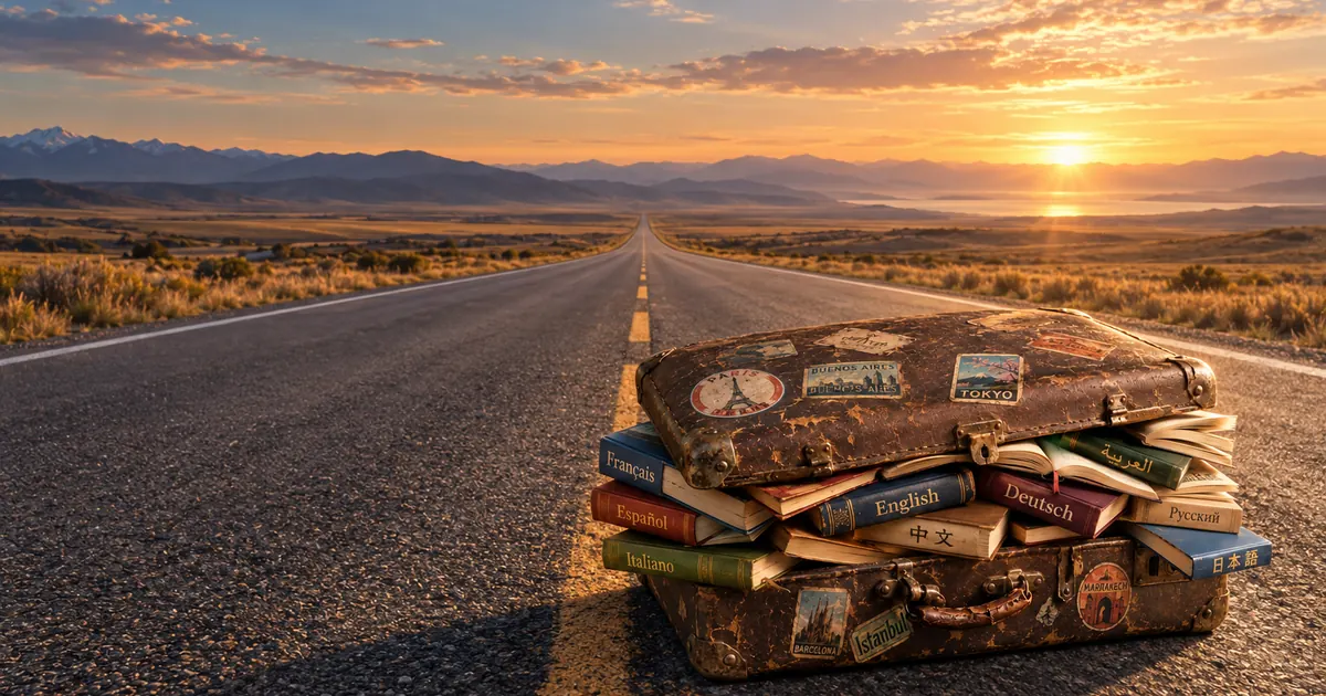 The Lingorama suitcase of books resting on an open road that runs towards the mountains at sunset.