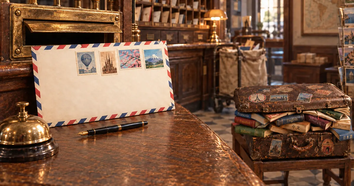 A Lingorama airmail envelope with postage stamps on a post office counter, beside a brass bell and a pen, with the suitcase of books on a stand behind.