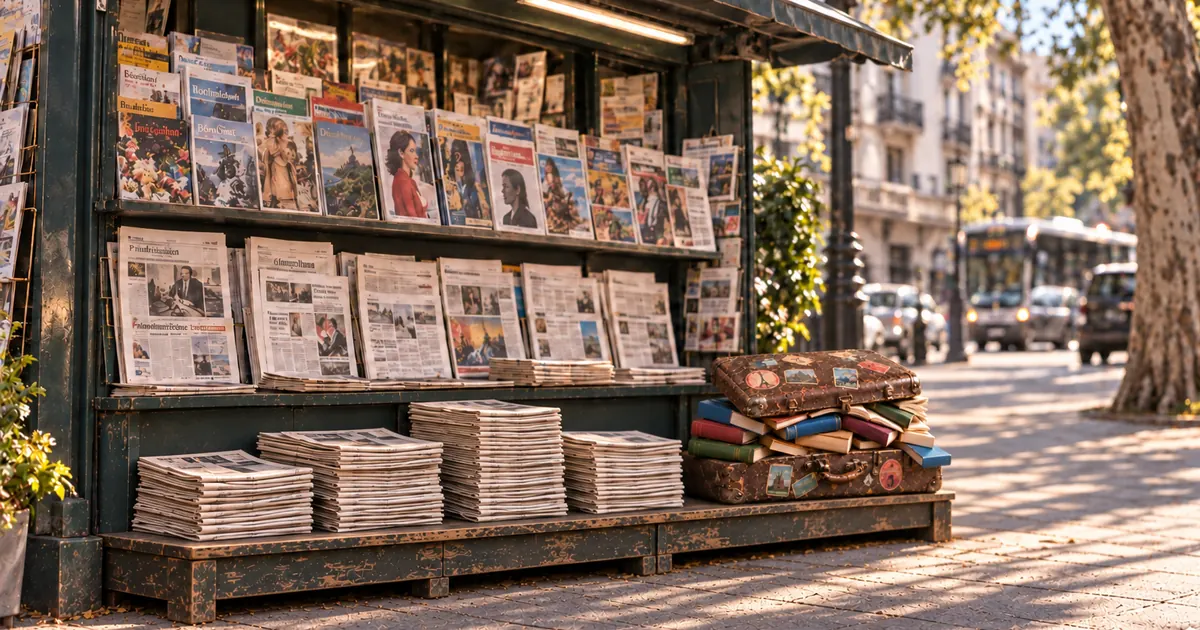 The Lingorama suitcase of books on the shelf of a newsstand, beside stacks of newspapers and magazines on a sunlit street.