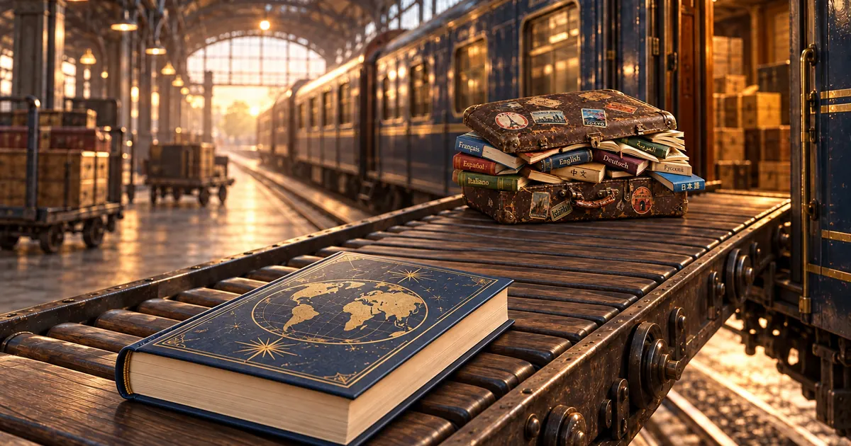 A book travelling on a conveyor belt beside a train in a sunlit station