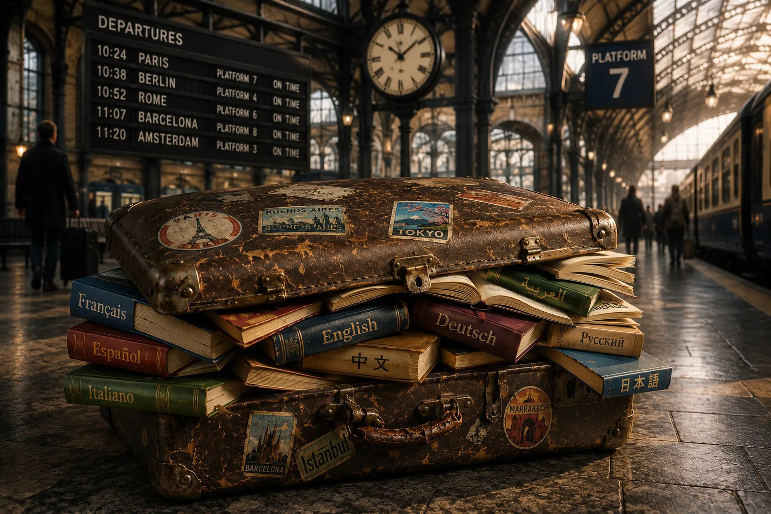 The Lingorama suitcase of books on a railway platform beneath a departures board.