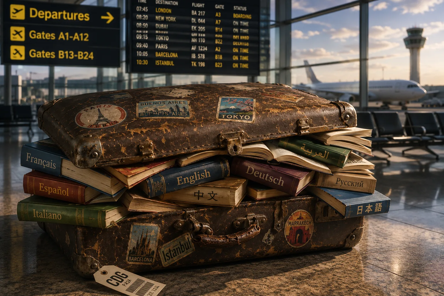 The Lingorama suitcase of books in an airport departure lounge.