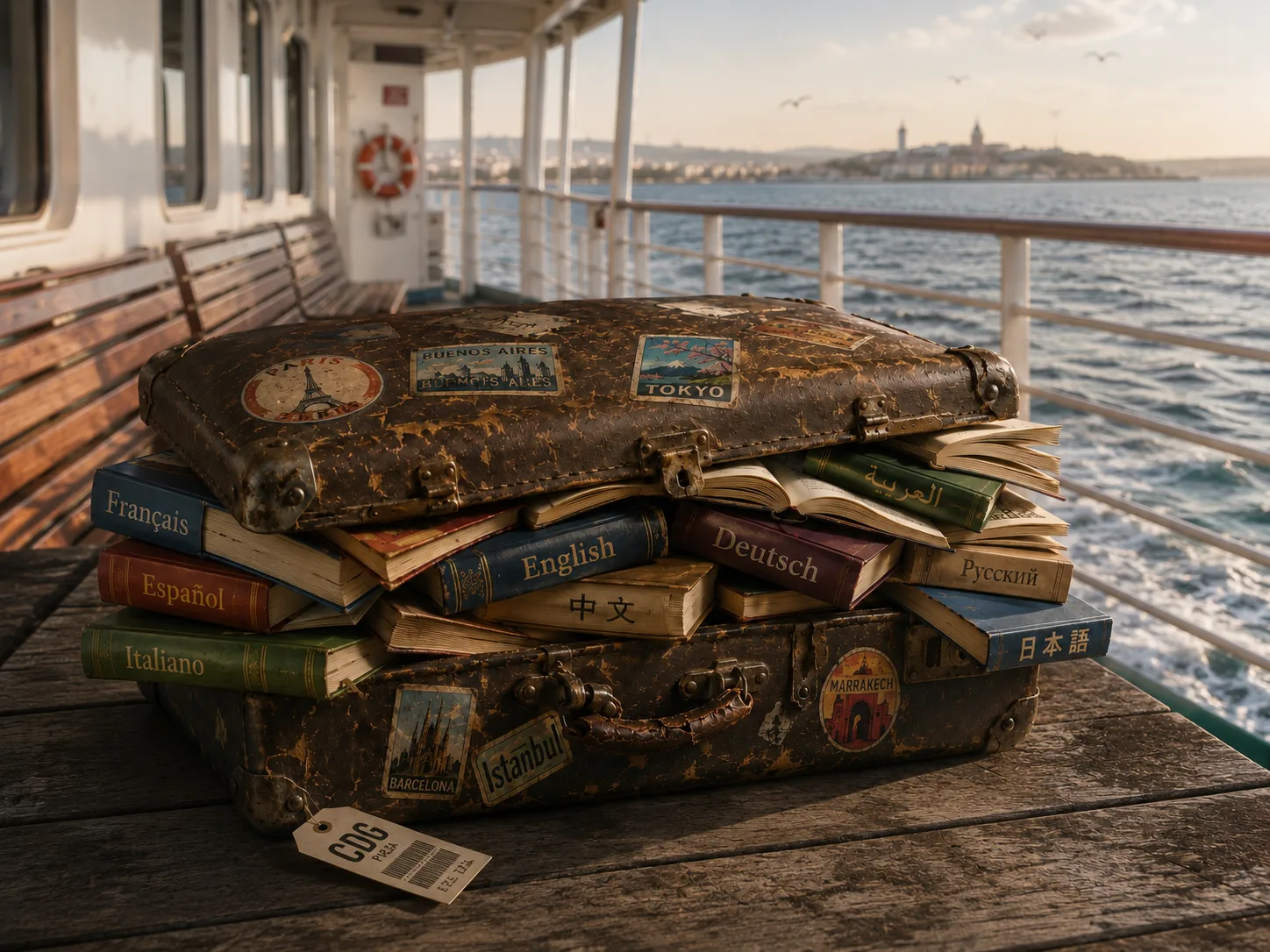 The Lingorama suitcase of books on the deck of a ferry at sea.