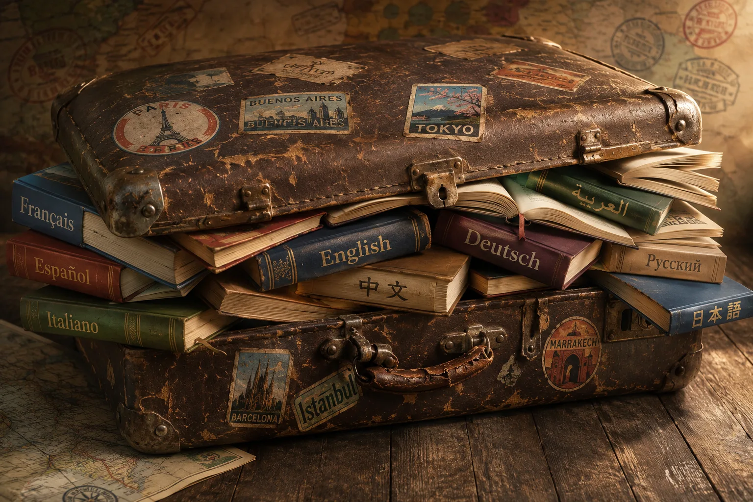 The Lingorama suitcase, packed with books in many languages, resting on an old map.