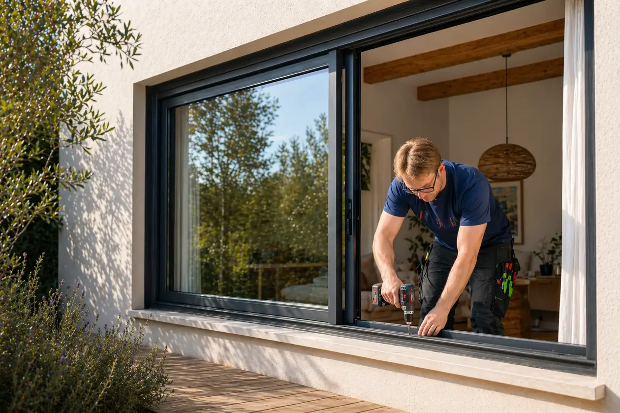 Un homme utilise une perceuse sans fil pour installer ou réparer une grande fenêtre coulissante dans une maison moderne.