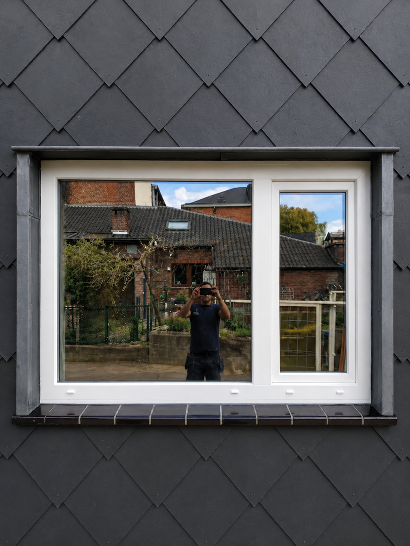 Fenêtre à cadre blanc sur un mur carrelé de noir, reflétant une personne prenant une photo et les bâtiments environnants.