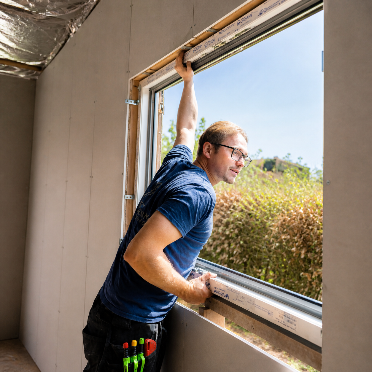 Un homme portant des lunettes installe un cadre de châssis dans une maison en construction par une journée ensoleillée.