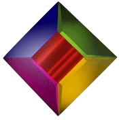 Figura tridimensional en forma de prisma cuadrangular con caras translúcidas de colores rojo, azul, verde y amarillo.