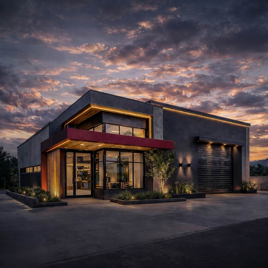 Casa moderna con luces cálidas al atardecer y cielo parcialmente nublado.