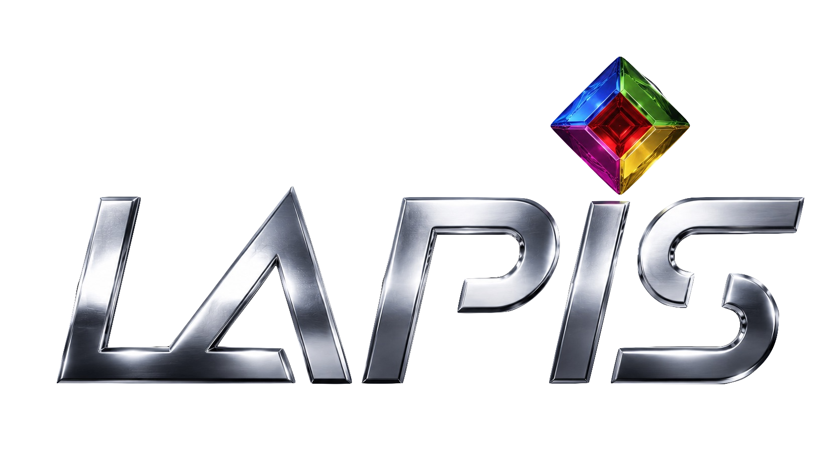 Logotipo metálico estilizado con la palabra 'LAPIS' y un pequeño cubo de colores encima de la letra I.