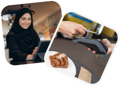 A woman in a black hijab smiling while looking at her phone next to a close-up of a hand holding a payment terminal with a pastry on a white plate in the background.