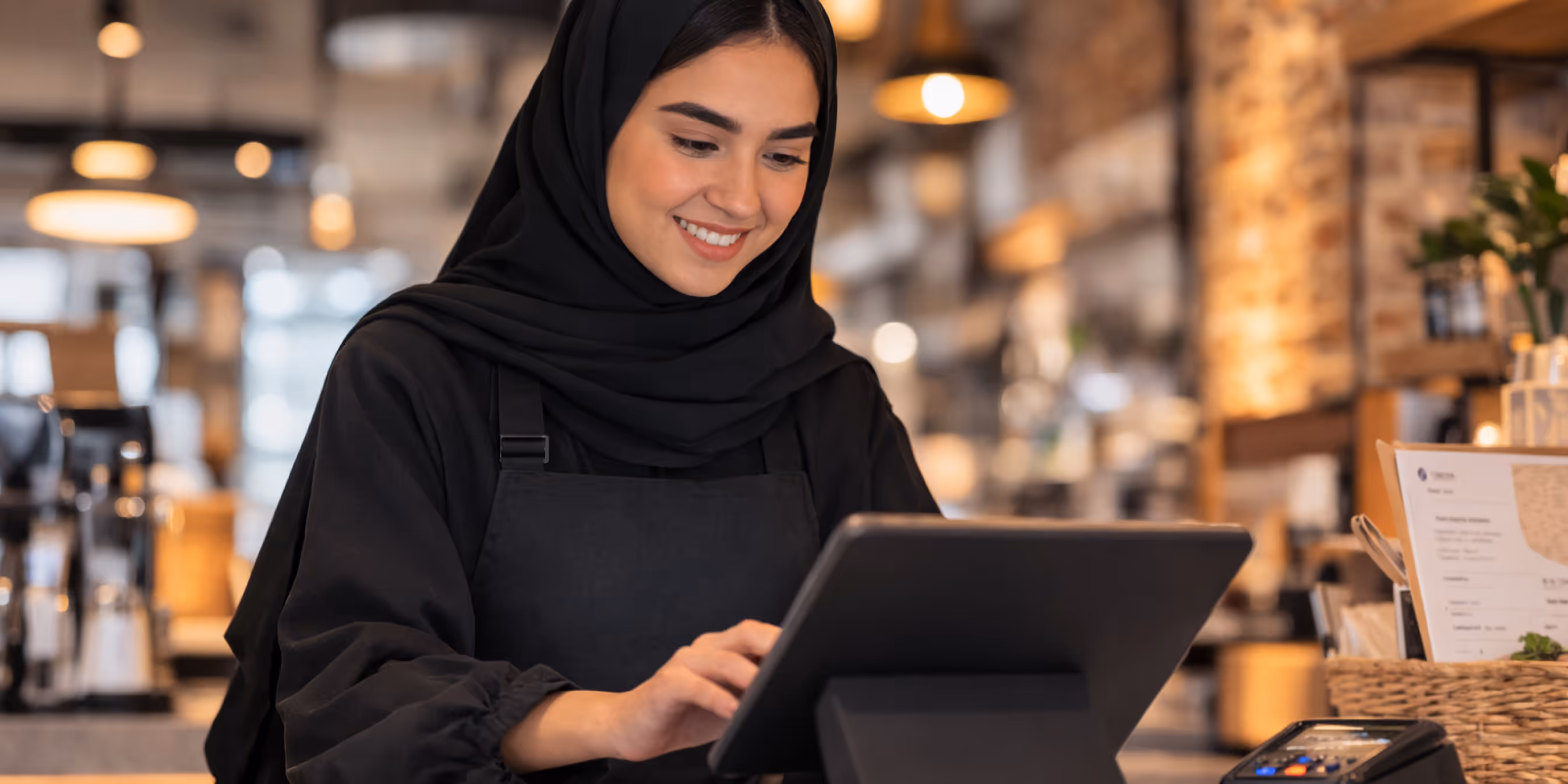 Smiling woman wearing a black hijab and apron working on a digital tablet at a café counter.