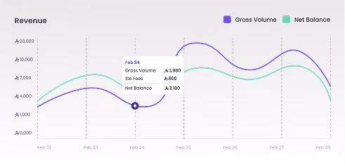 Line graph showing revenue trends from February 22 to February 28, with Gross Volume in purple and Net Balance in green, highlighting data on February 24: Gross Volume $3,880, lite fees $800, Net Balance $3,180.