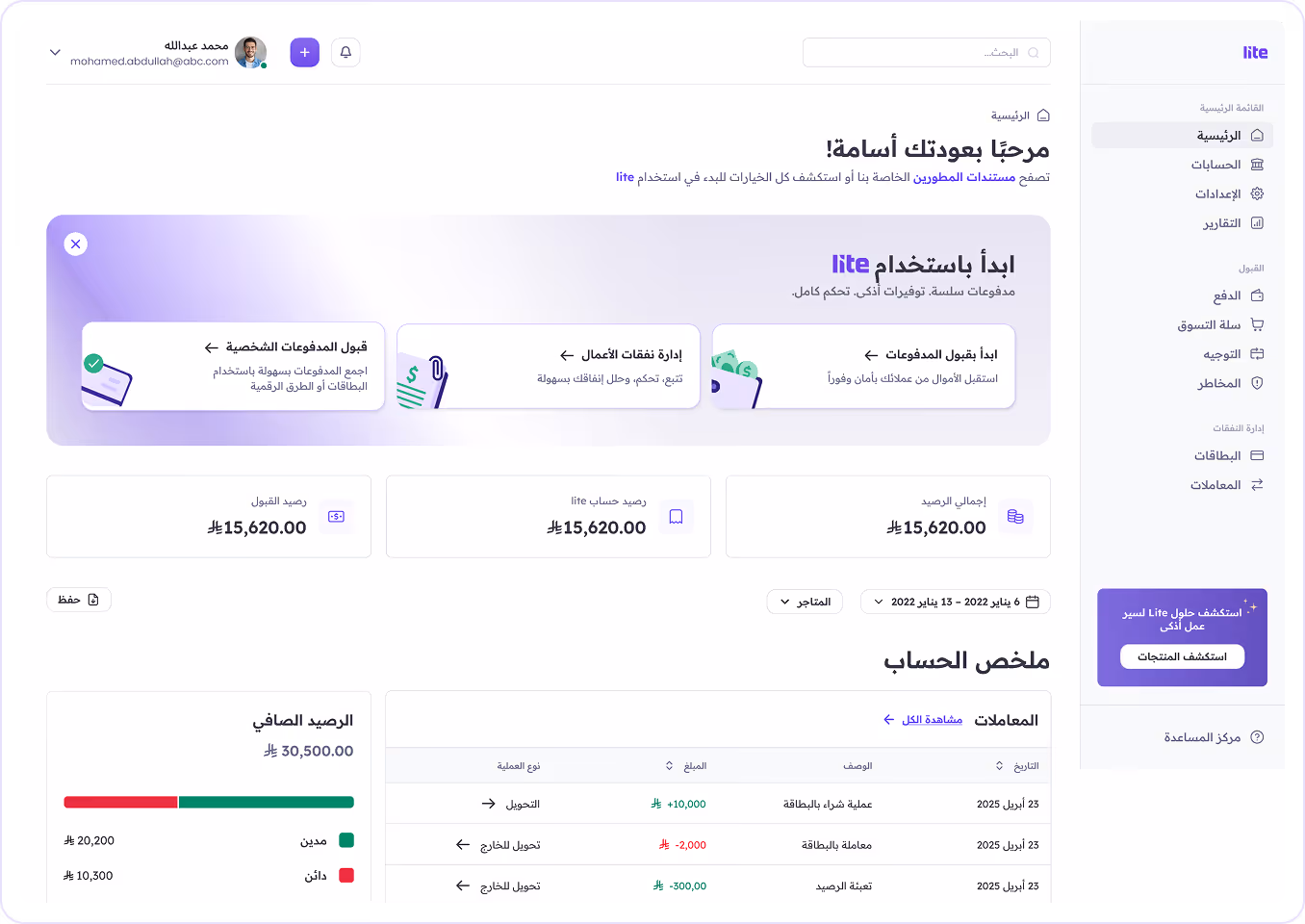 Arabic financial dashboard showing account balance, personal payments acceptance, and business expenses management with transaction summary.