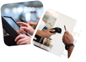 Person scanning a credit card with a handheld barcode scanner at a counter.