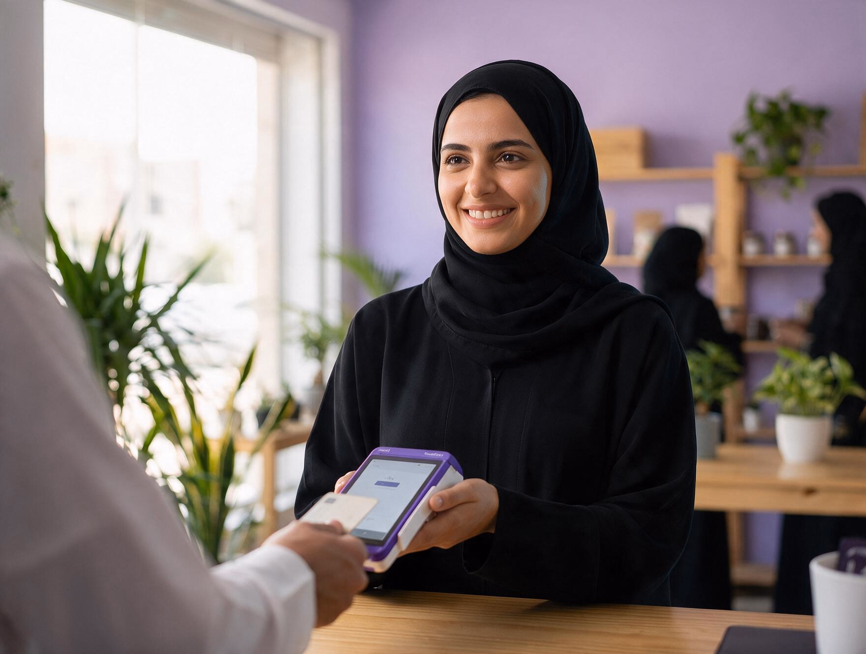 Smiling man in checkered keffiyeh and white thobe holding card, paying at a terminal.