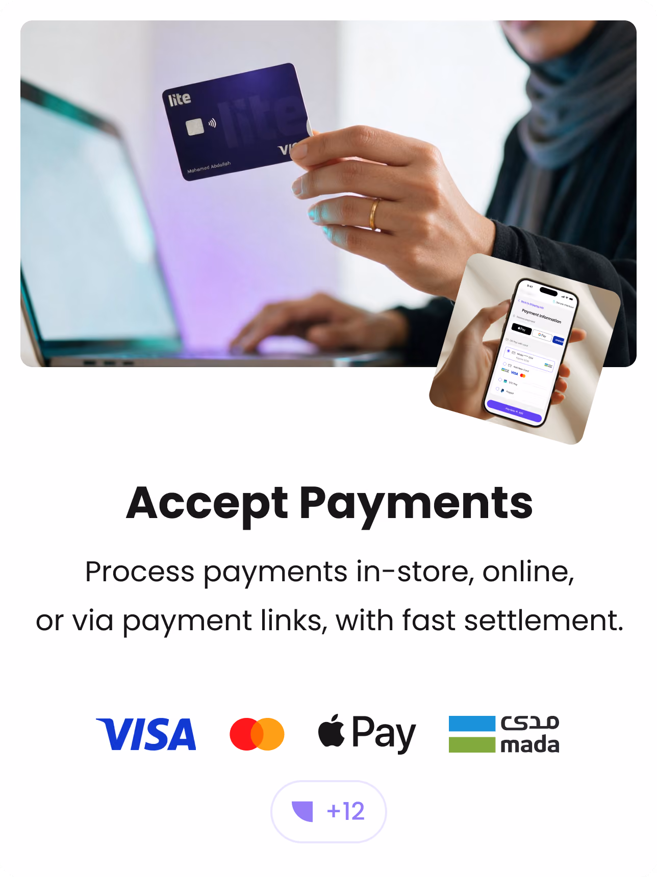 Person paying with smartphone at card reader, app and payment logos below: Visa, Mastercard, Apple Pay, mada.