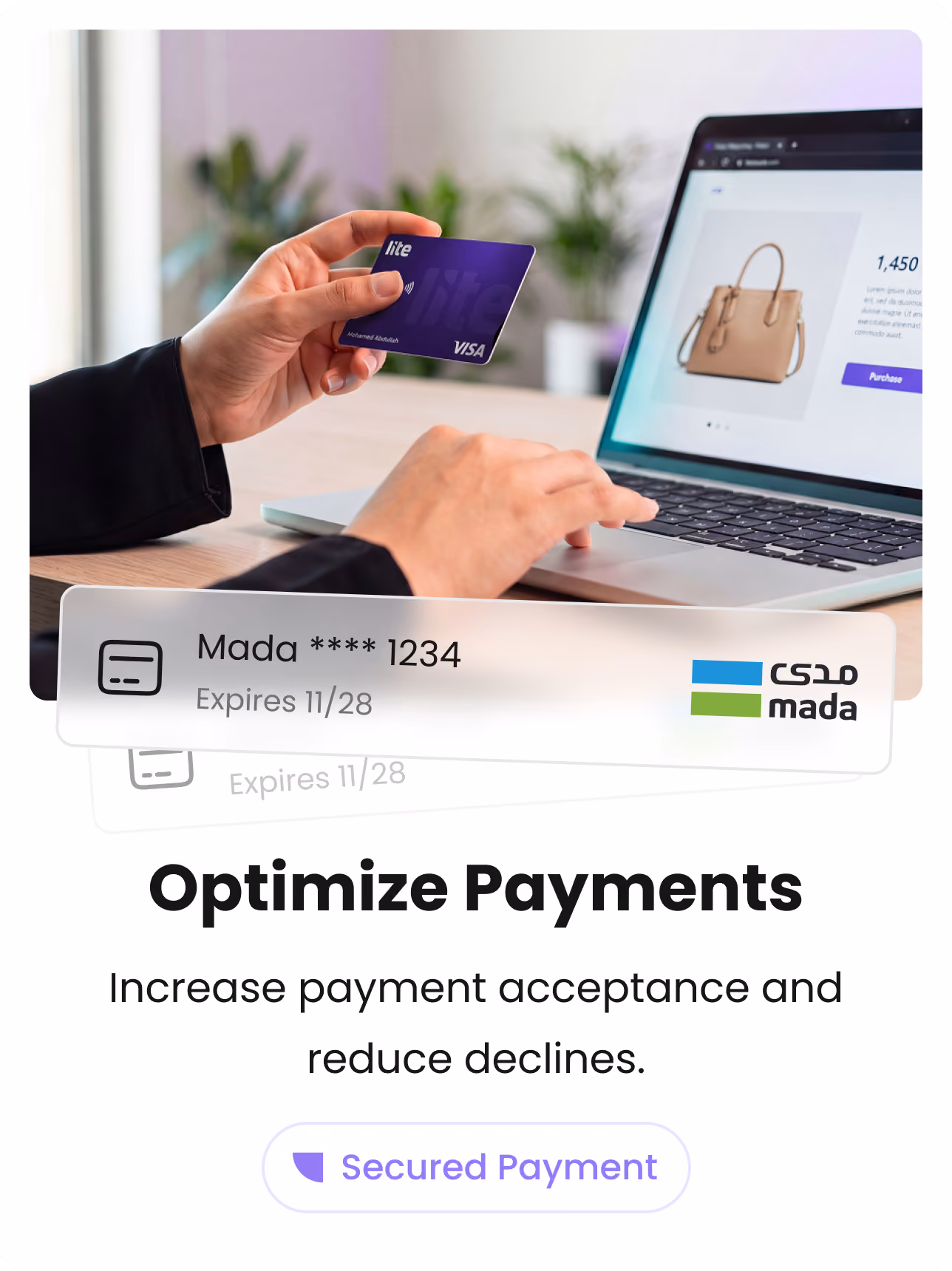 Person holding credit card near laptop showing online shopping checkout page for faster payments.
