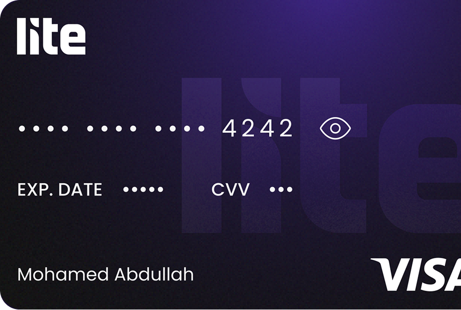 Dark purple Lite Visa credit card with partial number, cardholder name, and obscured details.