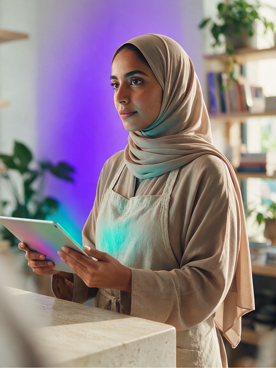 Woman in a black hijab using a white tablet with a clothing rack blurred in the background.