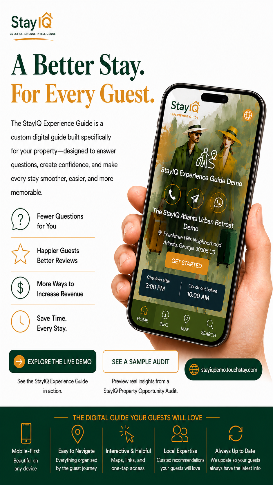 StayIQ Experience Guide displayed on a smartphone, providing guests with property information, local recommendations, and stay support.