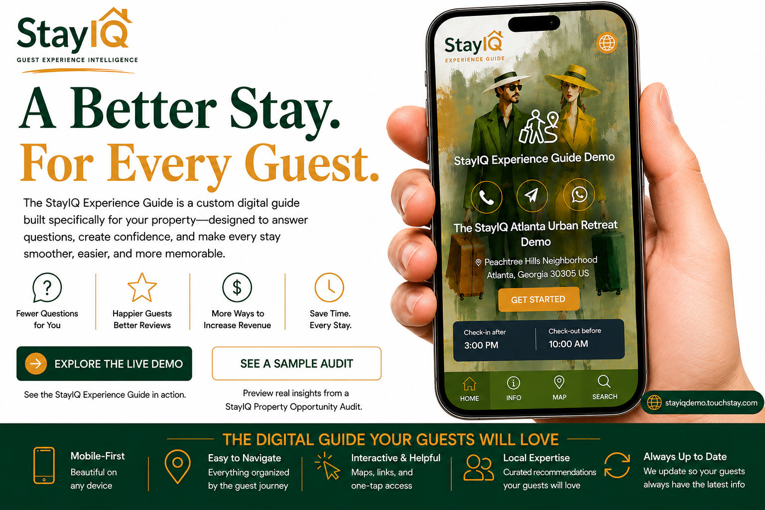 StayIQ Experience Guide displayed on a smartphone, providing guests with property information, local recommendations, and stay support.