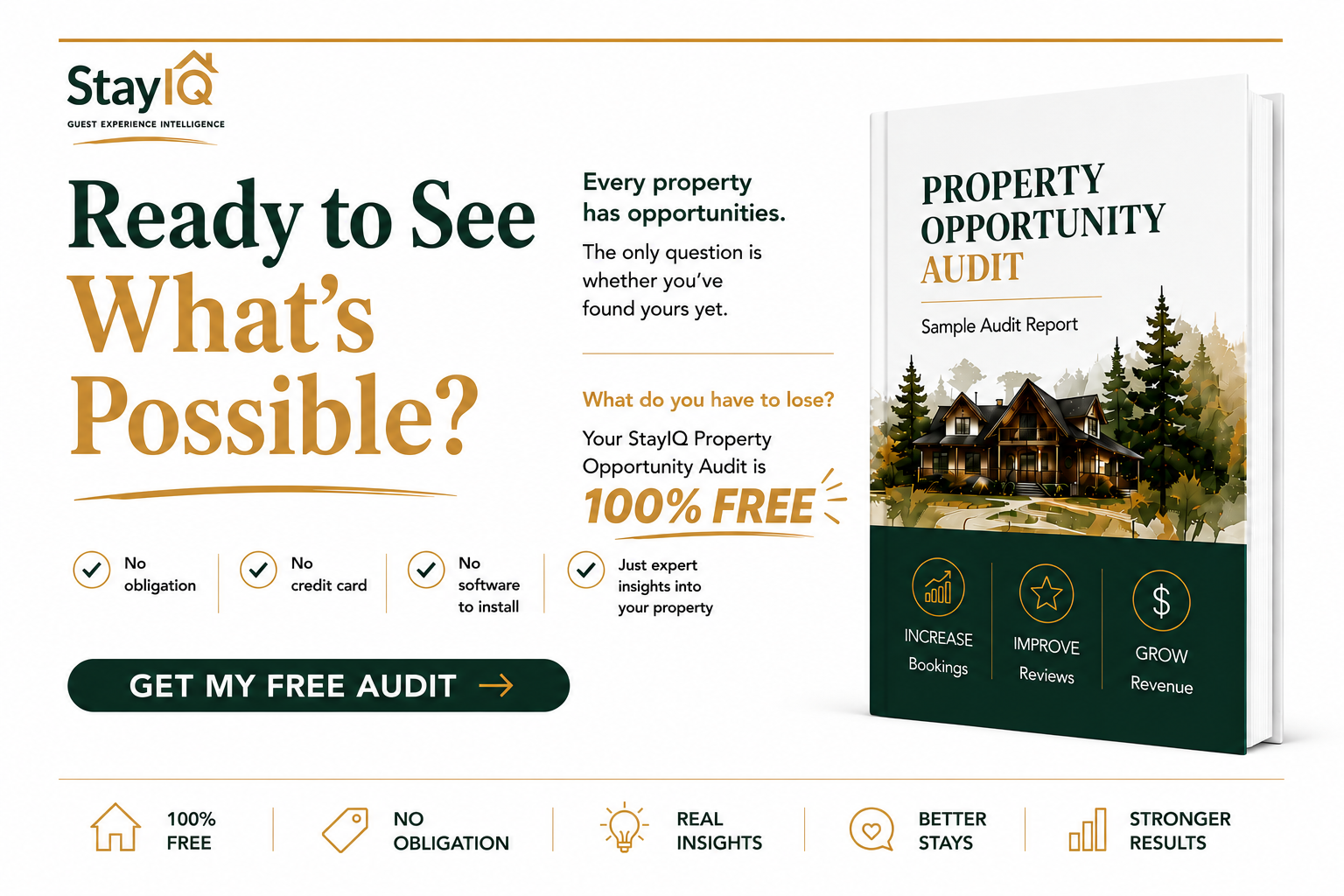 Get a free StayIQ Property Opportunity Audit to uncover opportunities to increase bookings, improve reviews, and grow revenue.