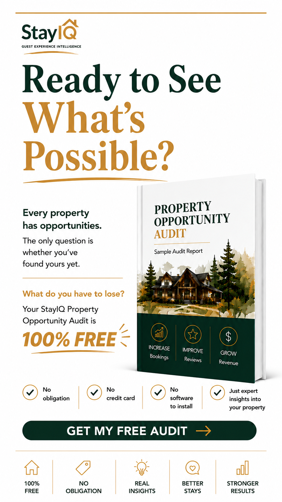 Get a free StayIQ Property Opportunity Audit to uncover opportunities to increase bookings, improve reviews, and grow revenue.