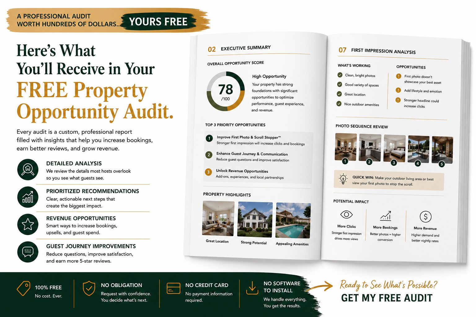 Sample StayIQ Property Opportunity Audit report showing property insights, guest experience findings, and revenue opportunities.