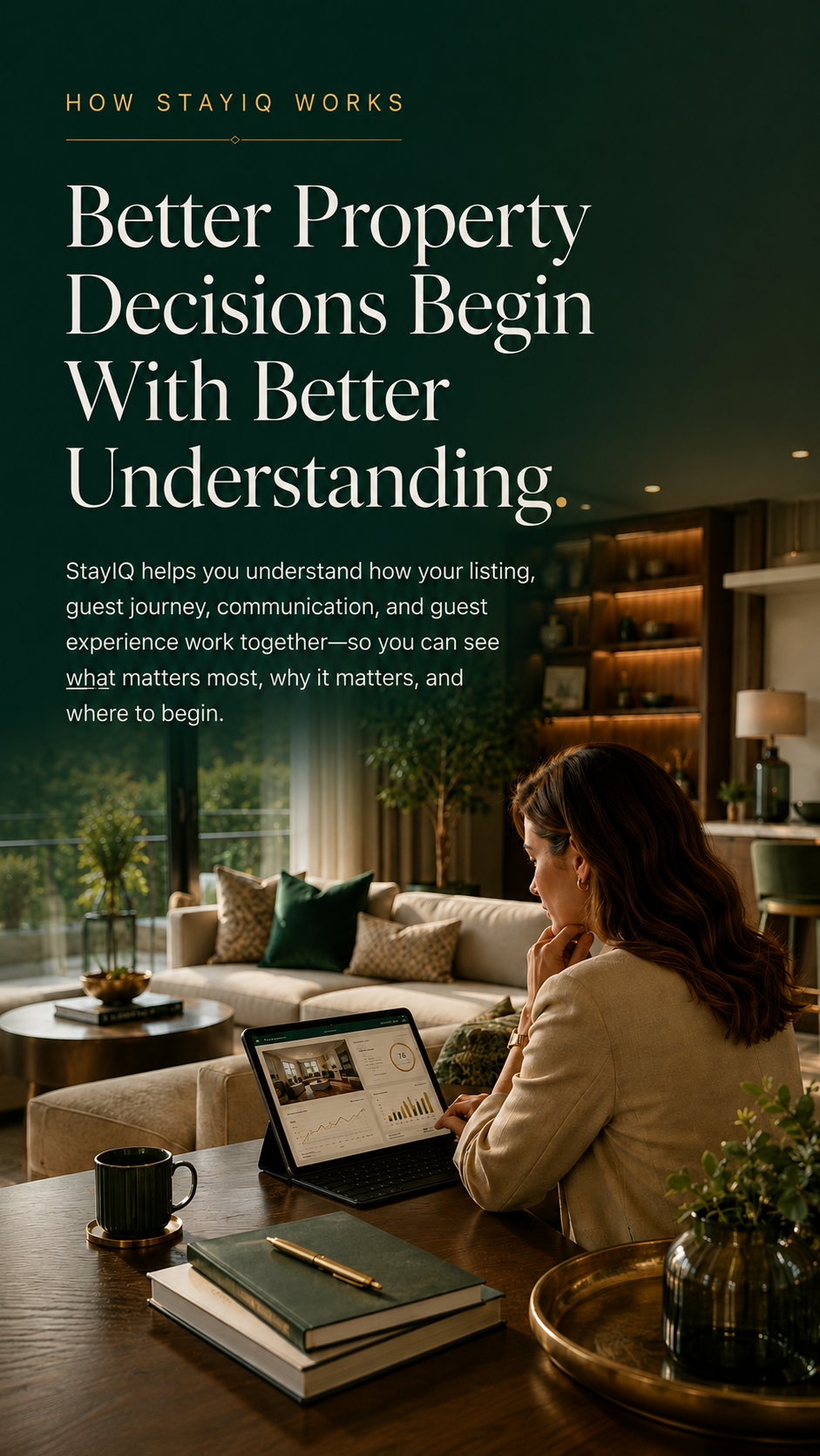 StayIQ How It Works hero showing a hospitality strategist reviewing property performance and guest experience insights.