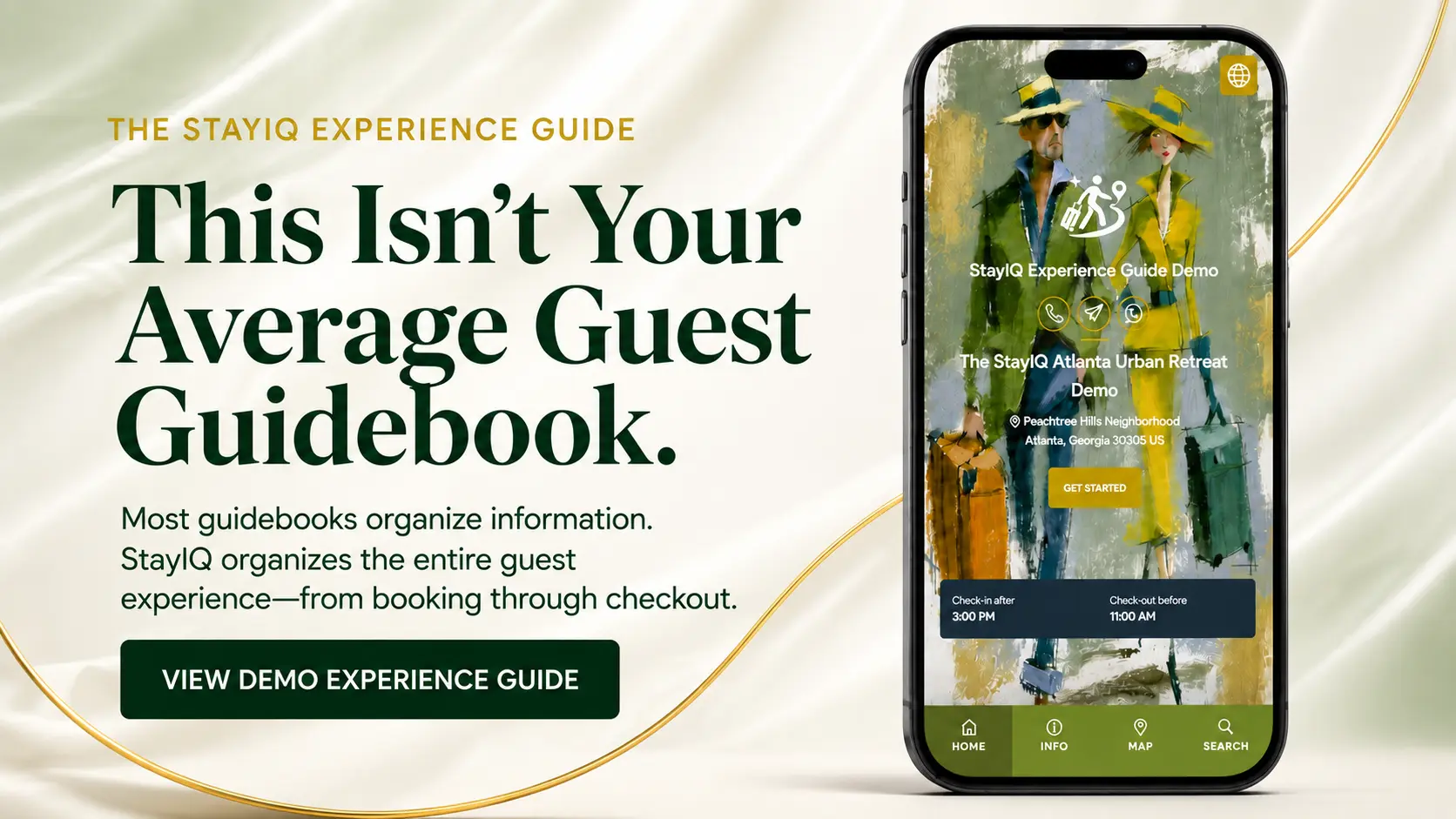 StayIQ Experience Guide shown on a mobile phone with a link to the live demonstration