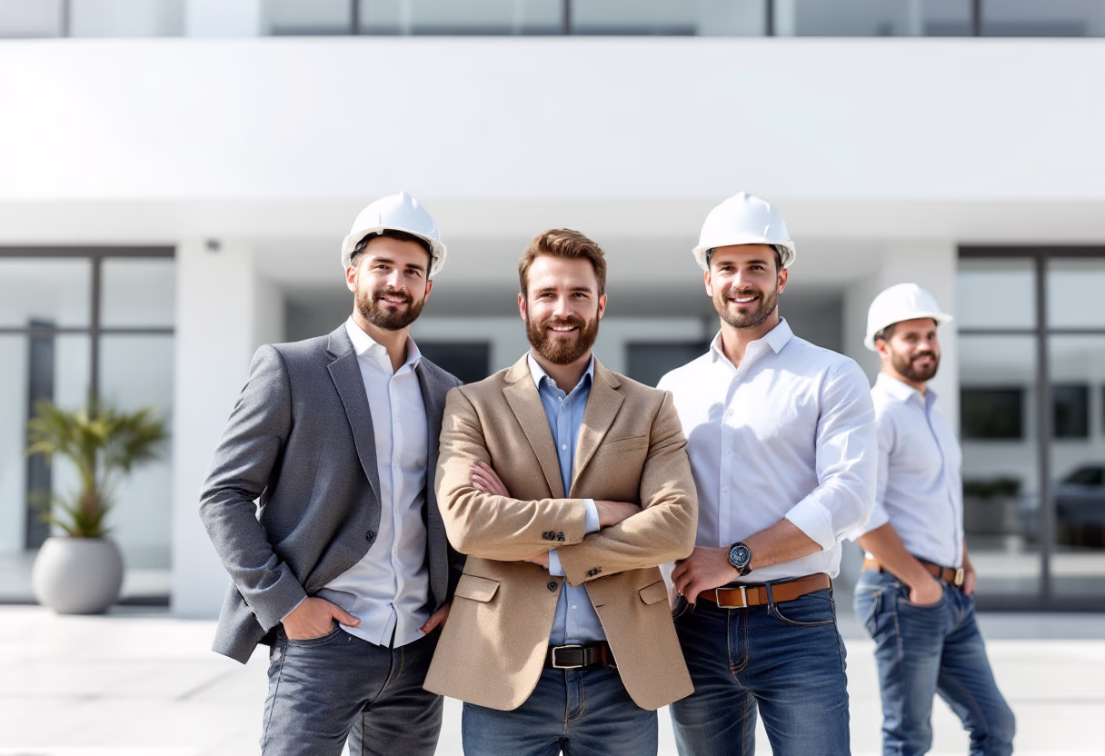 image of team in front of company building (for a roofing contractor)