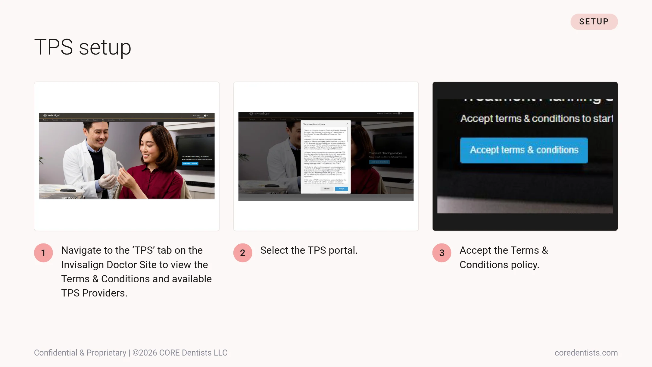 TPS setup: navigate to the TPS tab, select the TPS portal, accept the Terms and Conditions