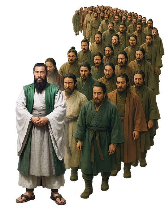 A man in traditional ancient Chinese clothing stands in front of many identical copies of himself arranged in rows behind him.