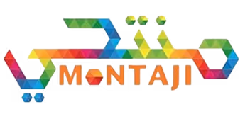 Colorful geometric Arabic calligraphy spelling Montaji with the word MONTajI in orange letters below.