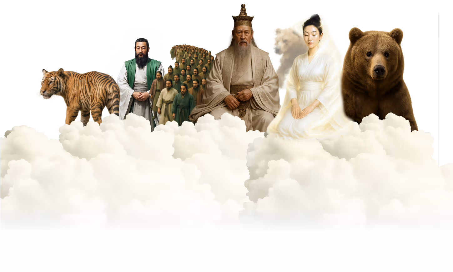 A tiger, a man in traditional green and white robes with multiple smaller versions behind him, an elderly man in ancient royal attire, a woman in white sitting peacefully with a bear behind her, and a large bear all standing above white clouds.