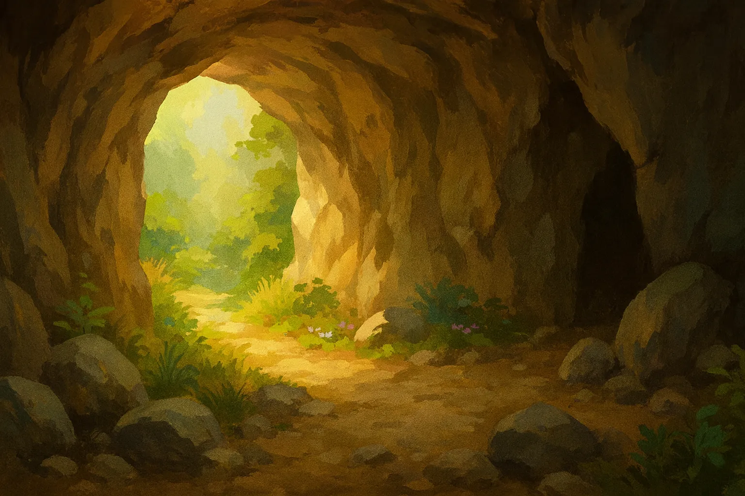 Sunlit cave entrance with rocky walls opening to a green, forested path.