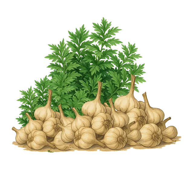 Cluster of garlic bulbs with green leafy parsley behind them.