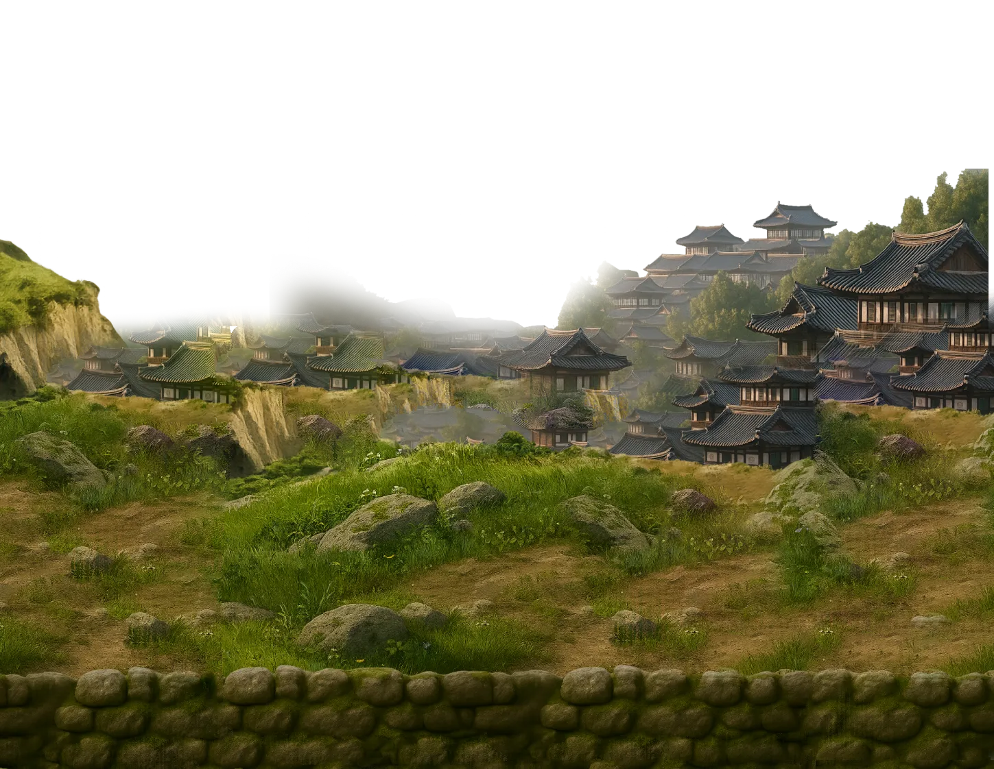 Traditional East Asian village with multi-tiered gray tiled roofs nestled among green hills and rocks.