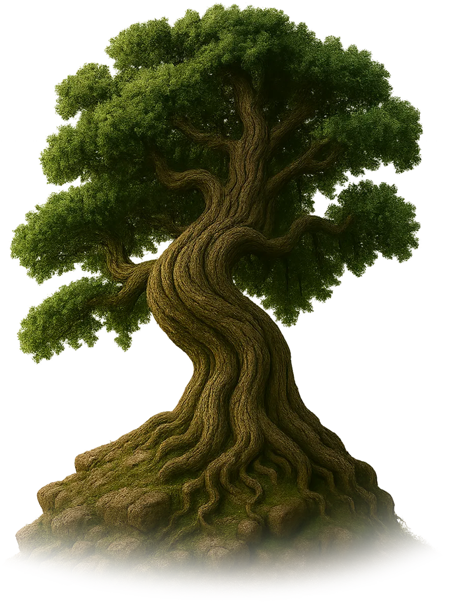 Large twisted tree with thick roots and dense green foliage on a mound of earth and rocks.