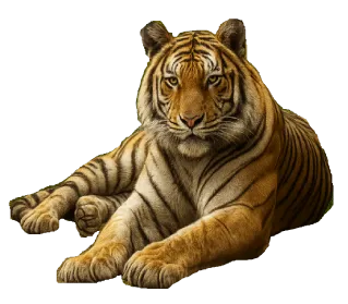 Adult tiger lying down with front legs extended and looking forward.