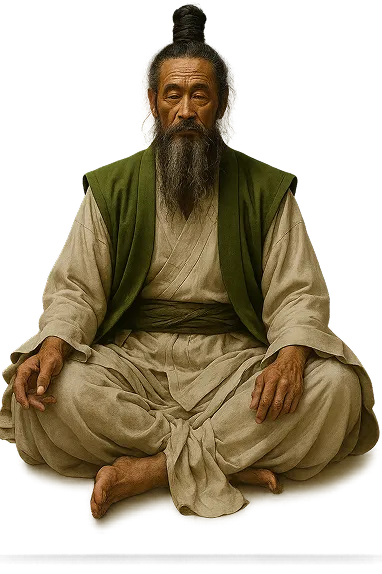 Elderly man with long beard and tied hair sitting cross-legged in traditional beige and green robes with eyes closed.