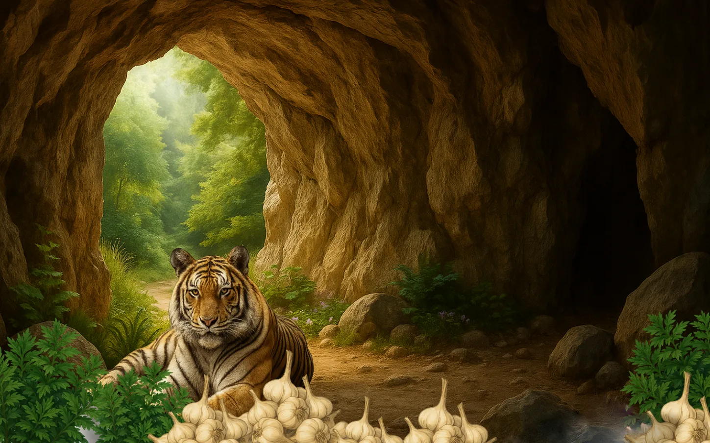 Tiger resting inside a cave entrance surrounded by garlic bulbs and green leafy plants, with forest visible outside.